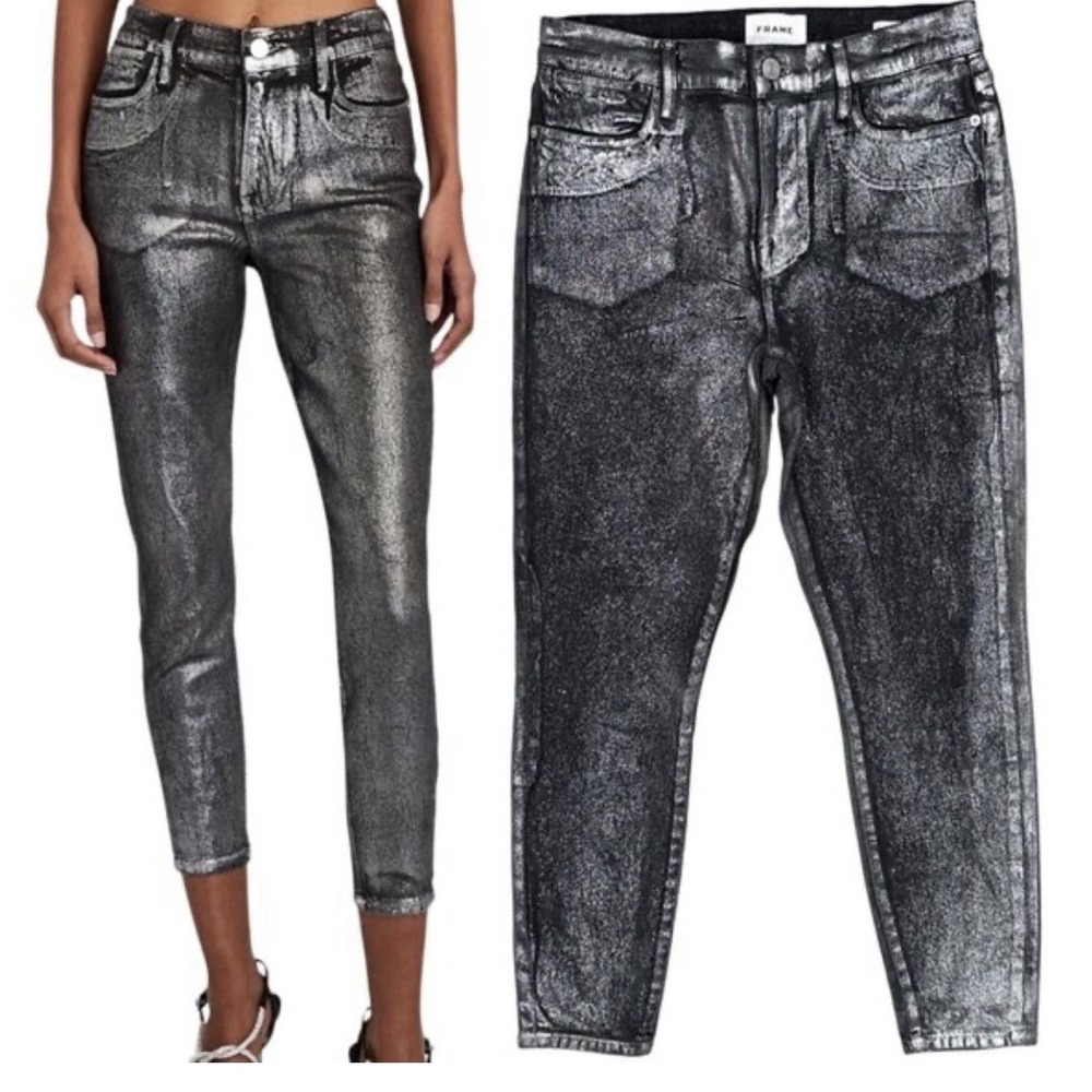FRAME LE HIGH SKINNY CROP METALLIC SILVER WOMEN'S JEANS HOLIDAY NYE PARTY 27